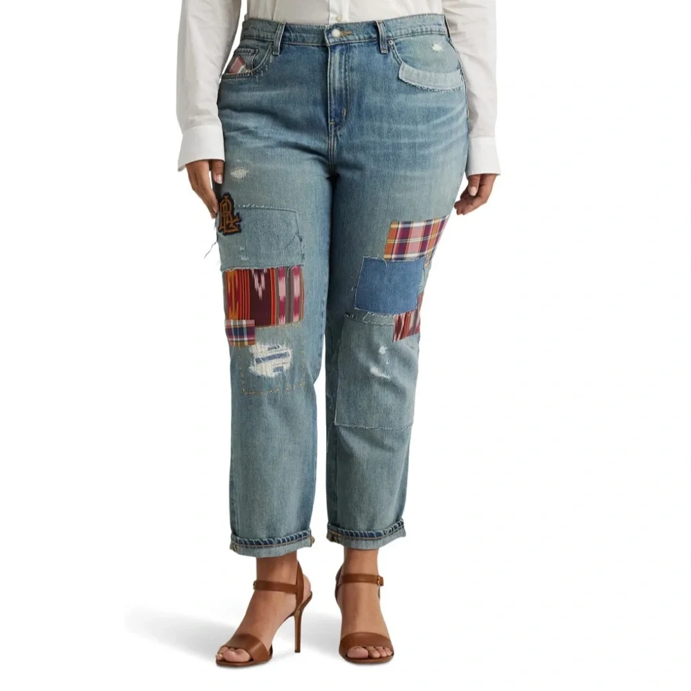 New Ralph Lauren Plus Size Patchwork Boho Relaxed Tapered Jeans in Skye Wash - Picture 2 of 12